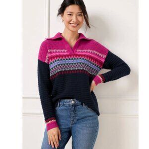 Talbots Johnny Collar Sweater - Chevron Fair Isle - Pink, Navy - Long Sleeve, SP
